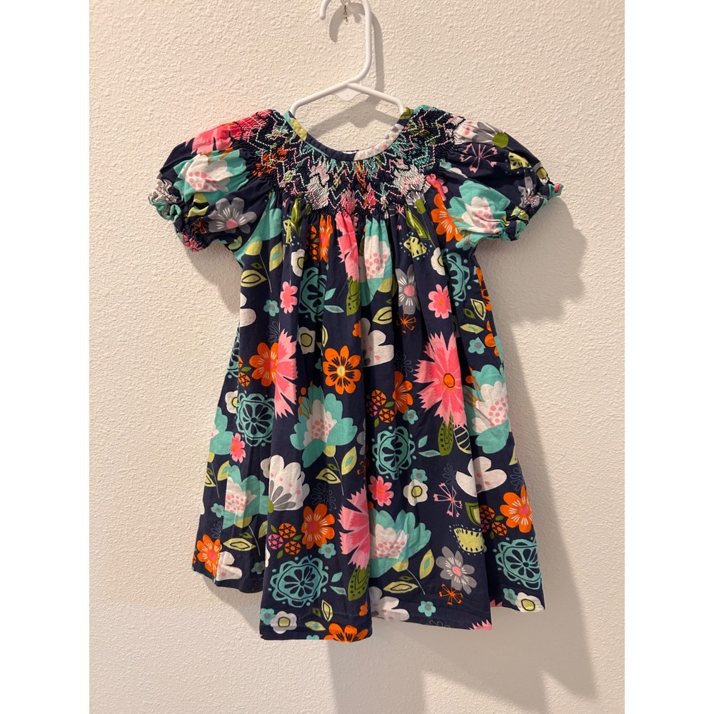 Toddler Girls Navy Blue Floral Smocked Cotton Dress Short Sleeve 2T